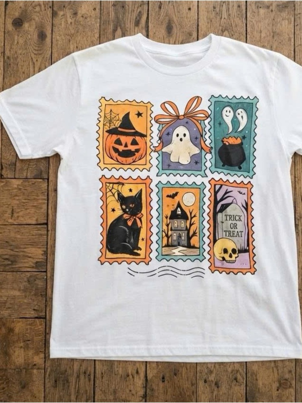Halloween Graphic Tee - Ghost, Pumpkin & Cat Design